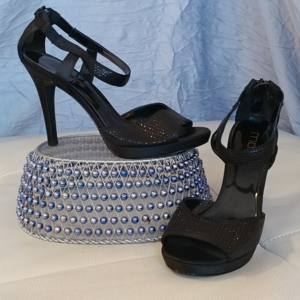 Black satin and sequins heels